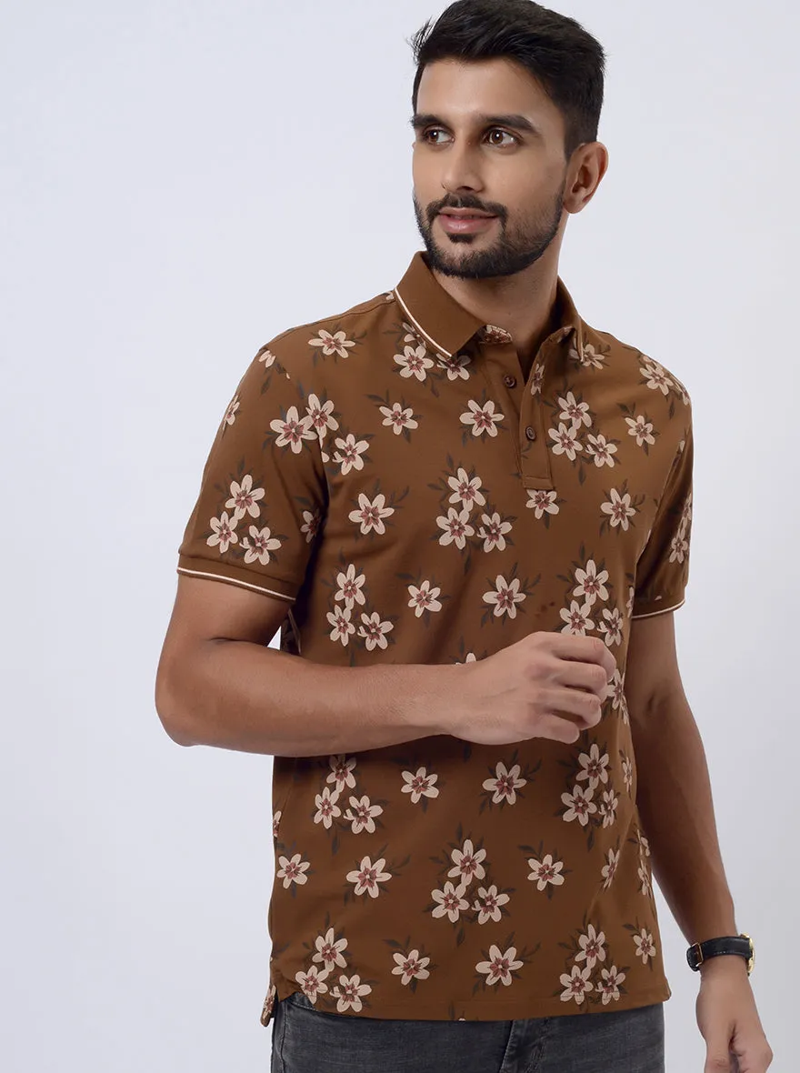 Brown Printed Slim Fit Polo T-Shirt | JadeBlue