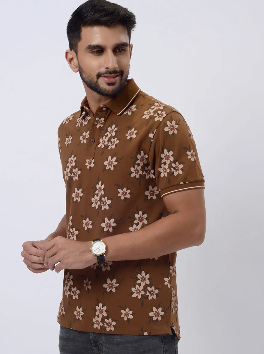 Brown Printed Slim Fit Polo T-Shirt | JadeBlue