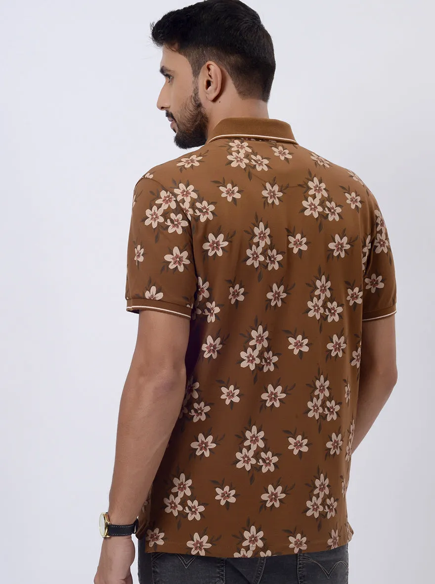 Brown Printed Slim Fit Polo T-Shirt | JadeBlue