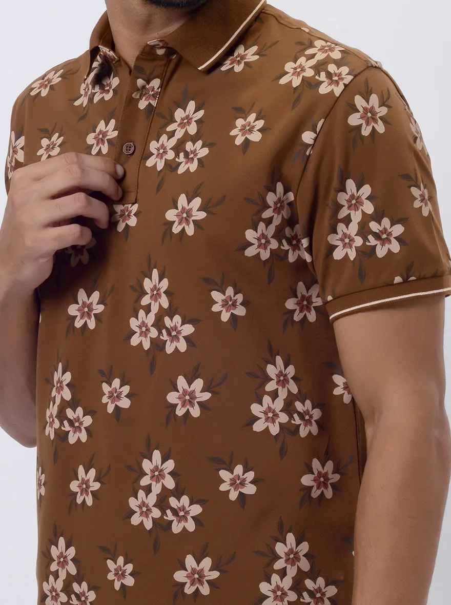 Brown Printed Slim Fit Polo T-Shirt | JadeBlue