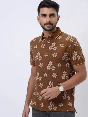 Brown Printed Slim Fit Polo T-Shirt | JadeBlue