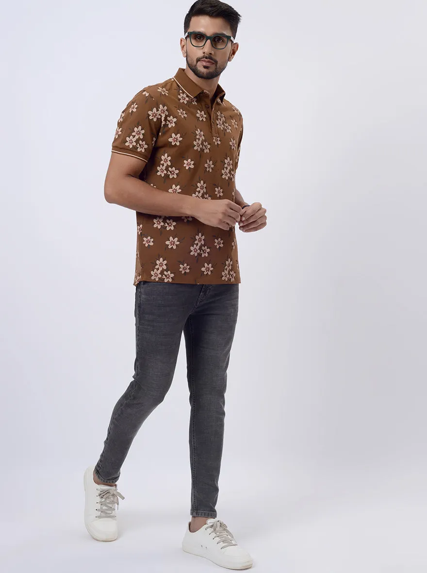 Brown Printed Slim Fit Polo T-Shirt | JadeBlue