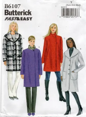 Butterick B6107 Womens EASY Wide Collar Coat Sewing Pattern Size XS - M UNCUT Factory Folded