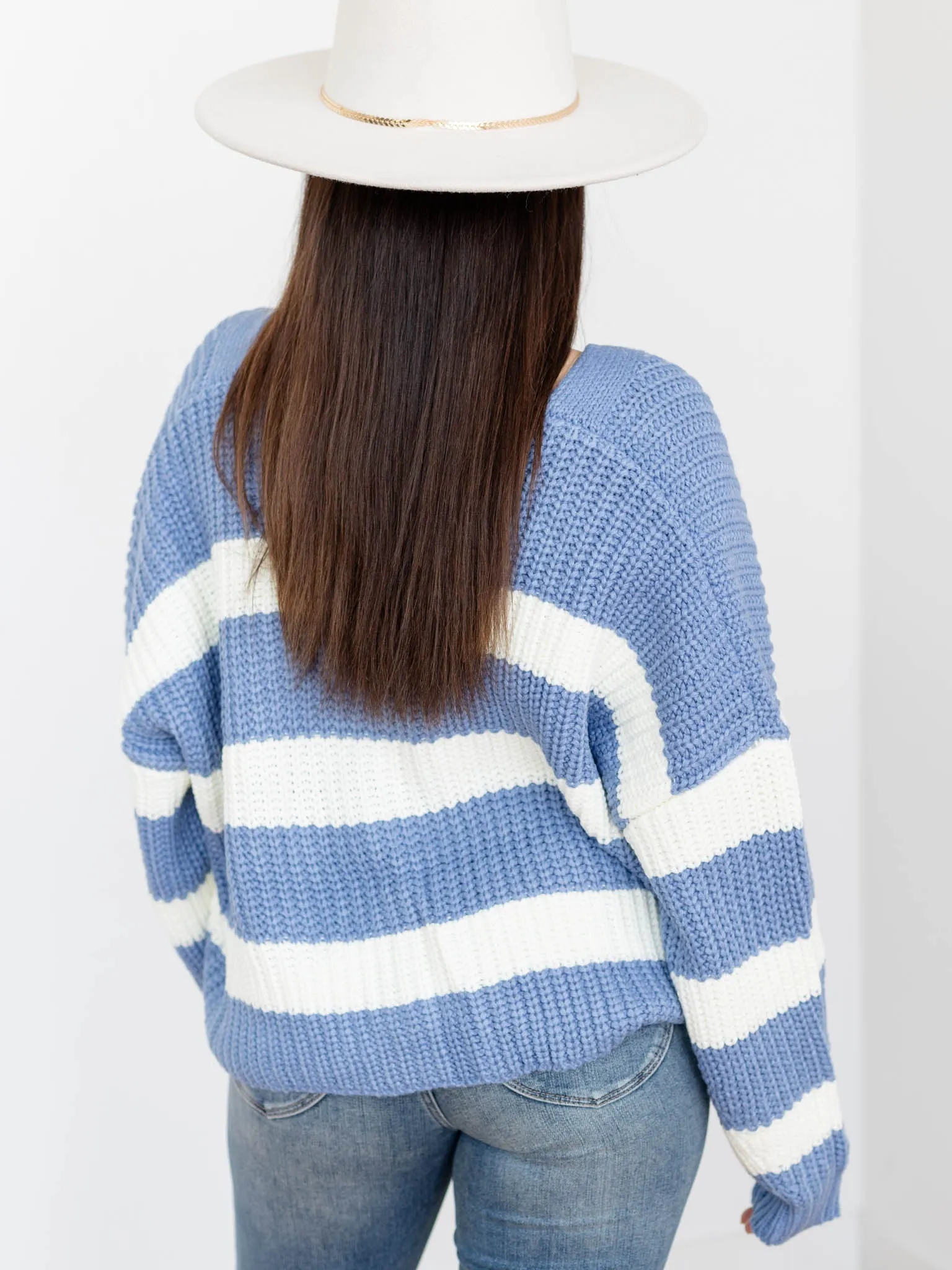 Button Front Stripe  V-Neck Cardigan
