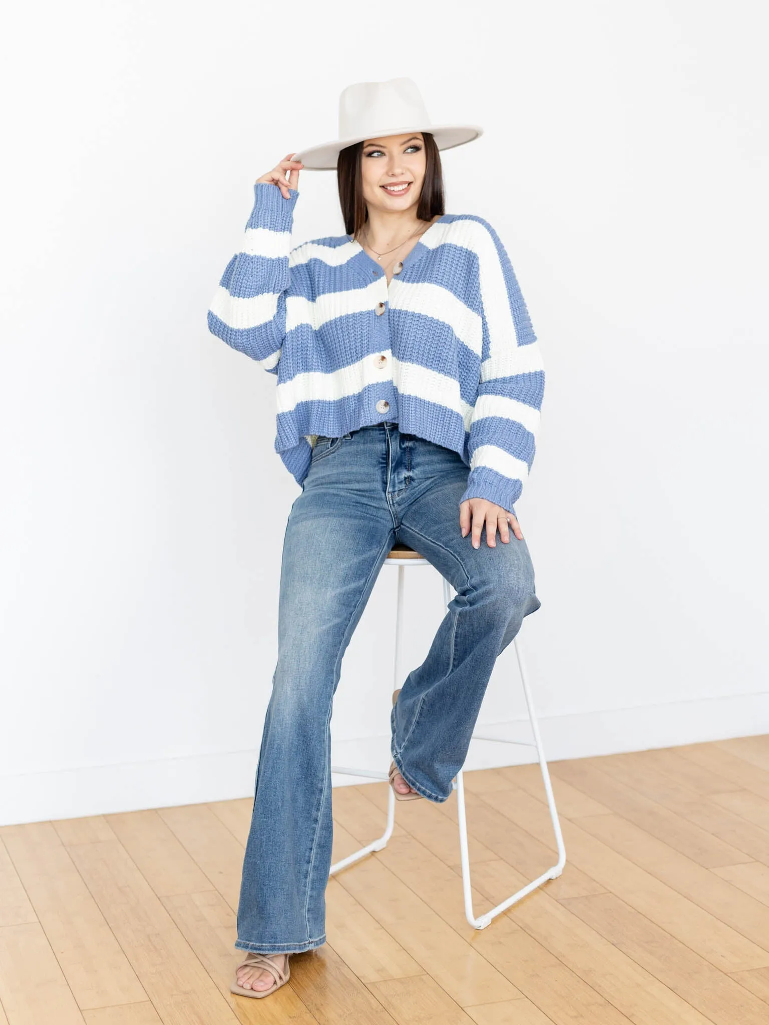 Button Front Stripe  V-Neck Cardigan