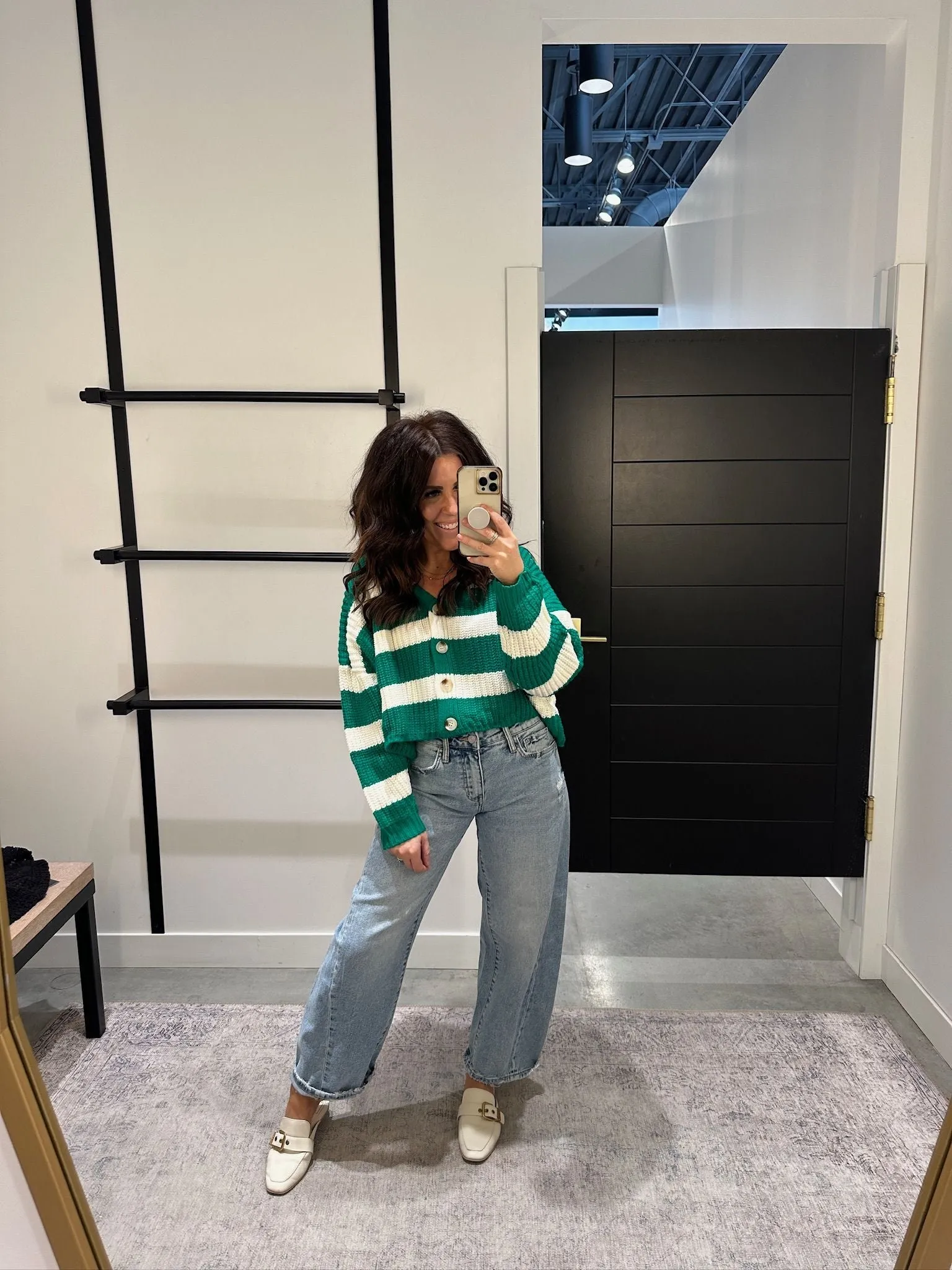 Button Front Stripe  V-Neck Cardigan