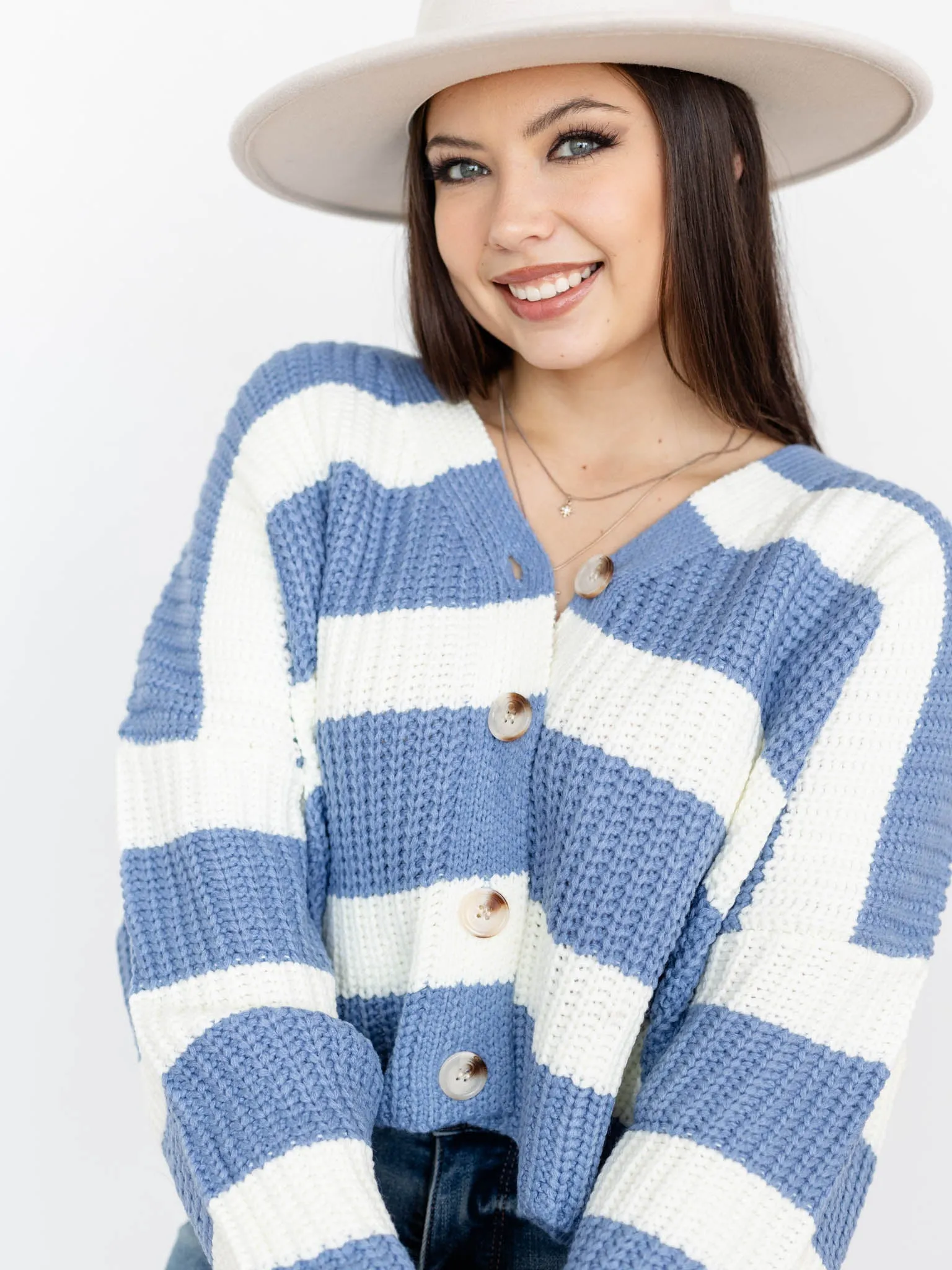 Button Front Stripe  V-Neck Cardigan