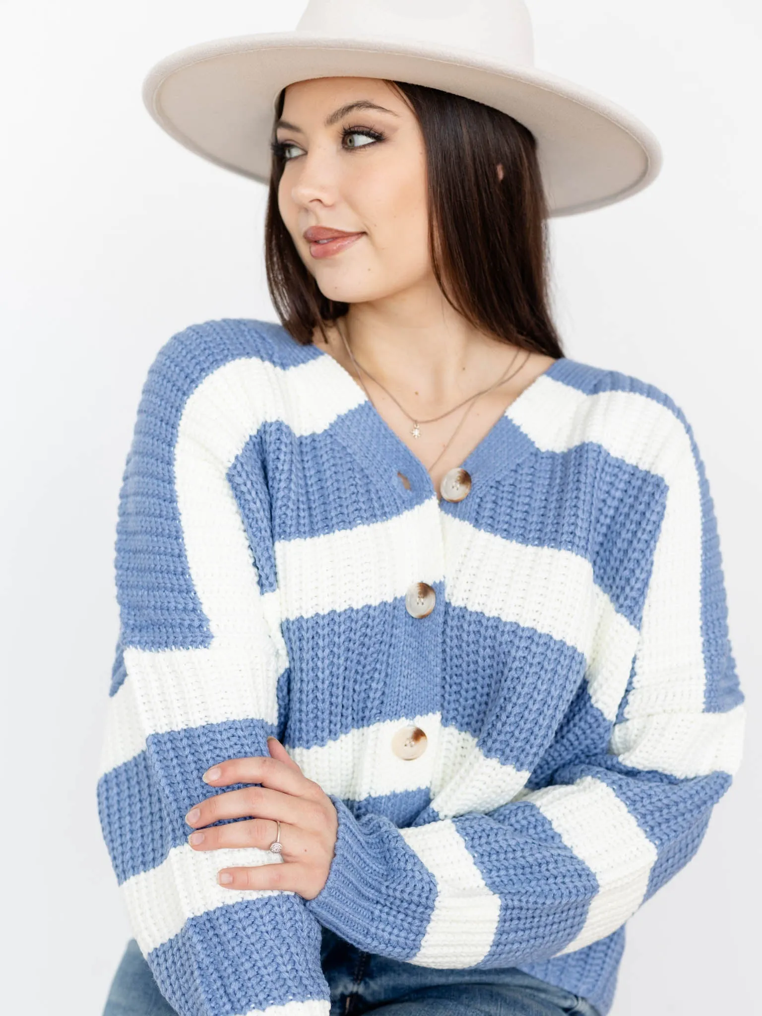 Button Front Stripe  V-Neck Cardigan