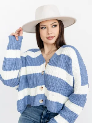 Button Front Stripe  V-Neck Cardigan