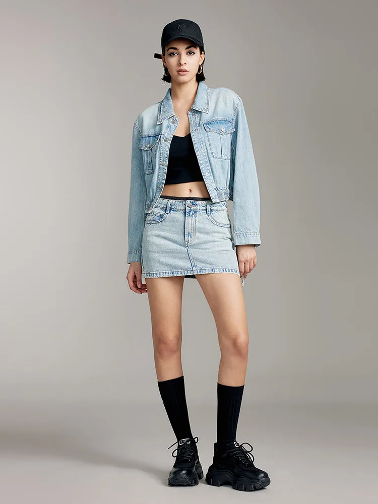 Cargo Style Denim Shirt With Ribbon
