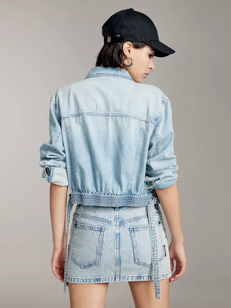 Cargo Style Denim Shirt With Ribbon