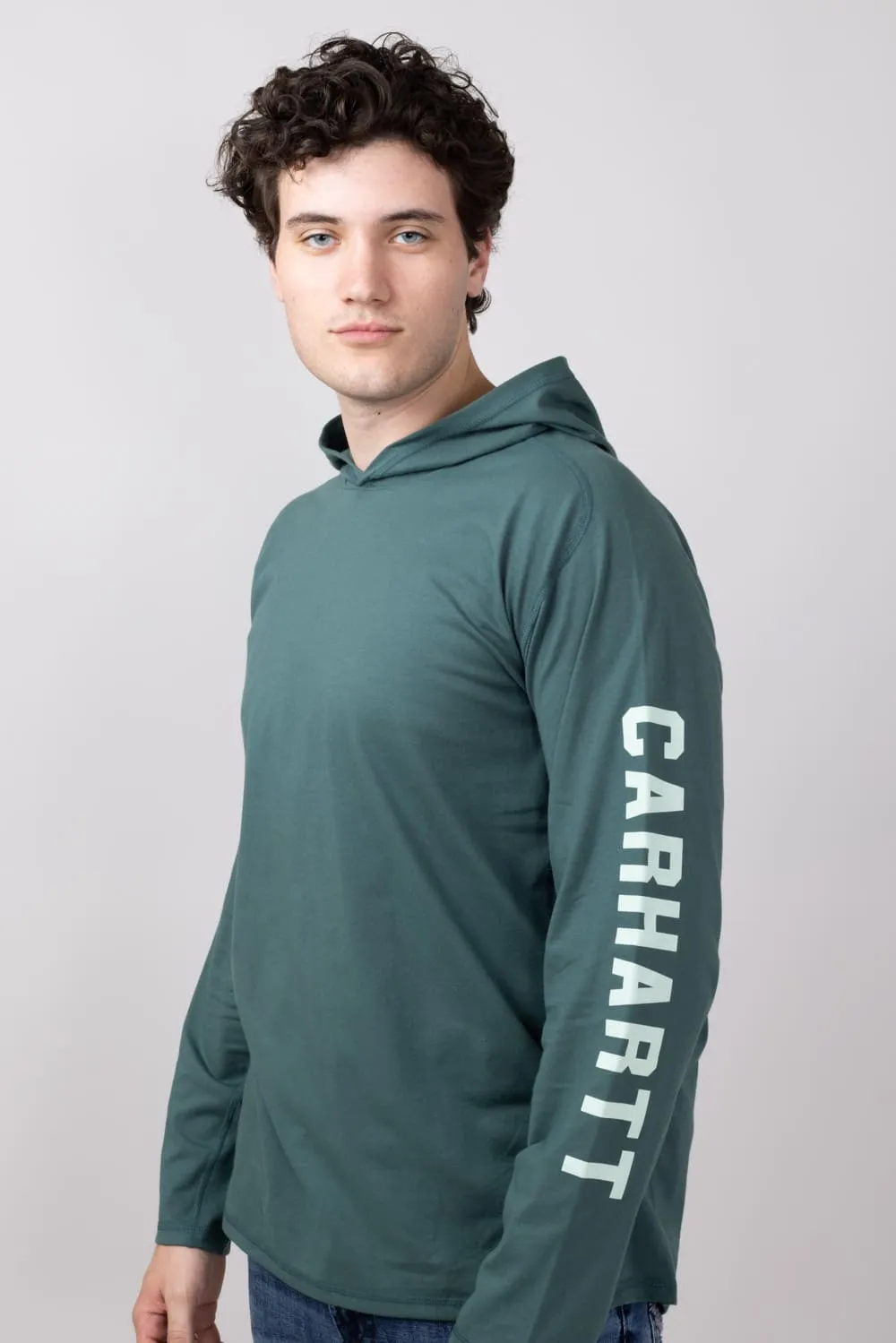 Carhartt Force Relaxed Fit Midweight Long Sleeve Logo Hooded T-Shirt for Men in Frosted Balsam | 106654-GH6-BALSAM