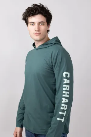 Carhartt Force Relaxed Fit Midweight Long Sleeve Logo Hooded T-Shirt for Men in Frosted Balsam | 106654-GH6-BALSAM