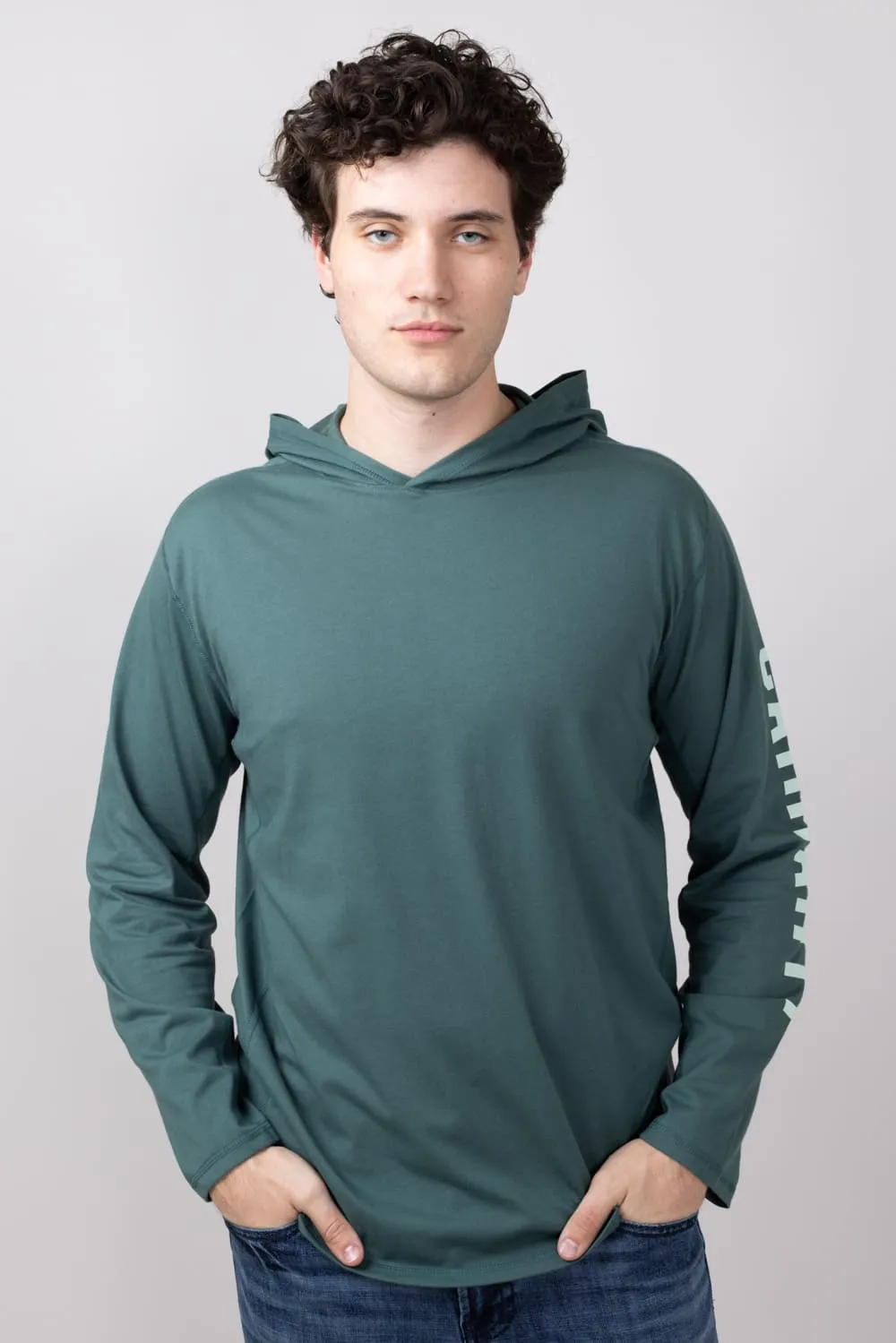 Carhartt Force Relaxed Fit Midweight Long Sleeve Logo Hooded T-Shirt for Men in Frosted Balsam | 106654-GH6-BALSAM