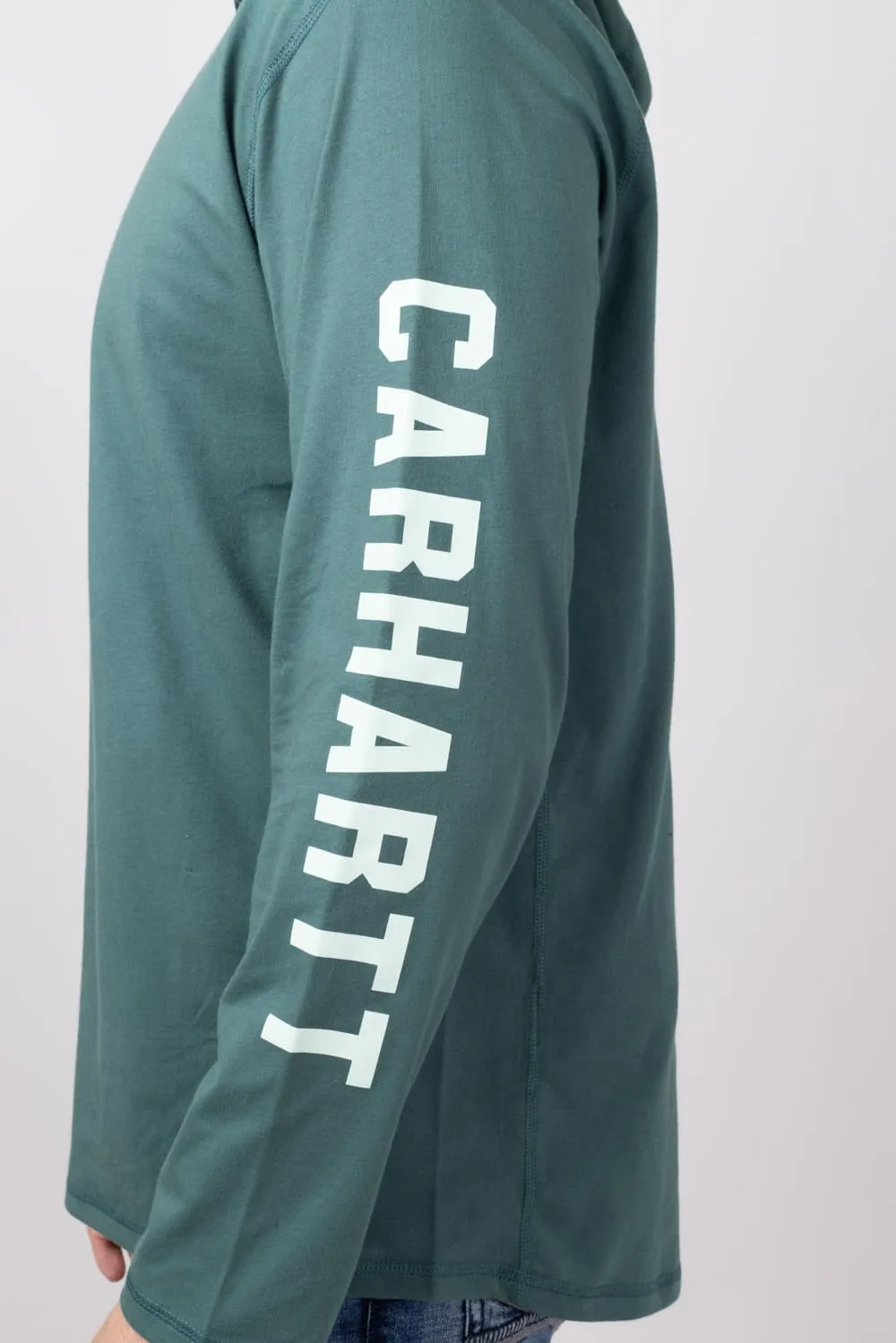 Carhartt Force Relaxed Fit Midweight Long Sleeve Logo Hooded T-Shirt for Men in Frosted Balsam | 106654-GH6-BALSAM