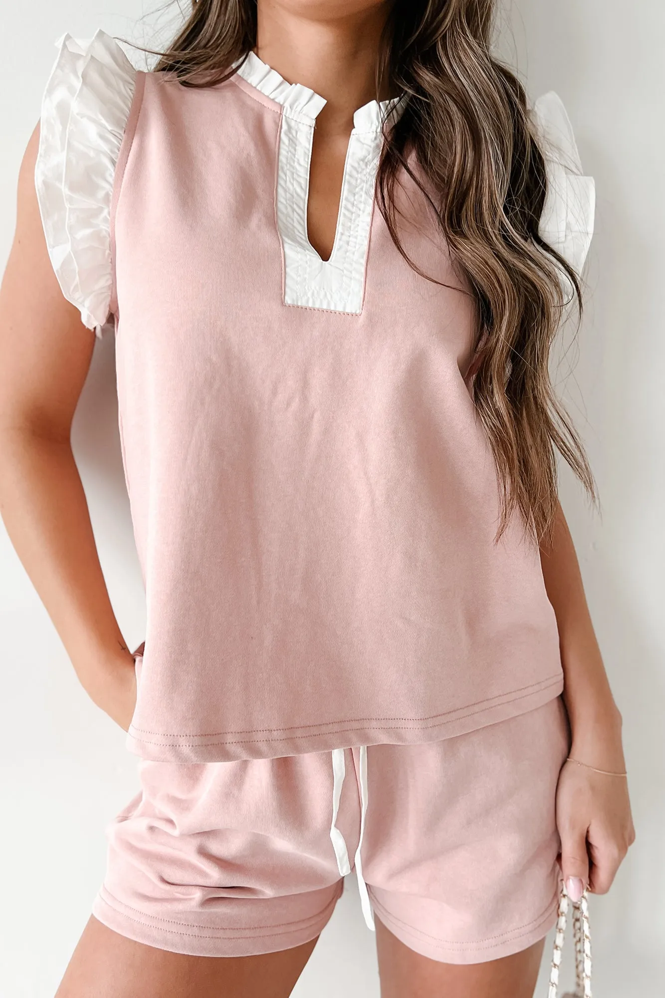 Casual Nonsense Ruffle Sleeve Top & Shorts Set (Light Pink)
