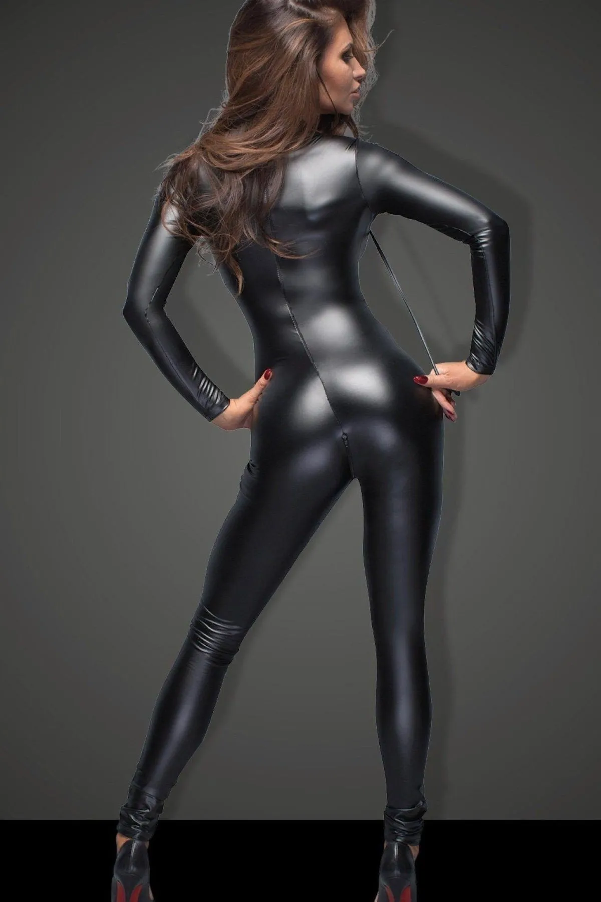 Catsuit with Leash features Ring Collar and Zippered Crotch