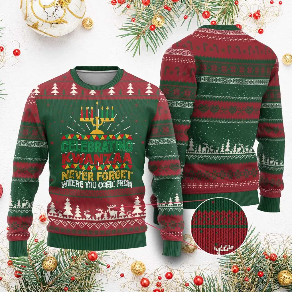 Celebrating Kwanzaa Never Forget Where You Come From Kinara Candle Xmas African American Ugly Christmas Sweater TS11