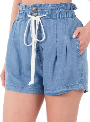 Chambray drawstring ruffle waist short