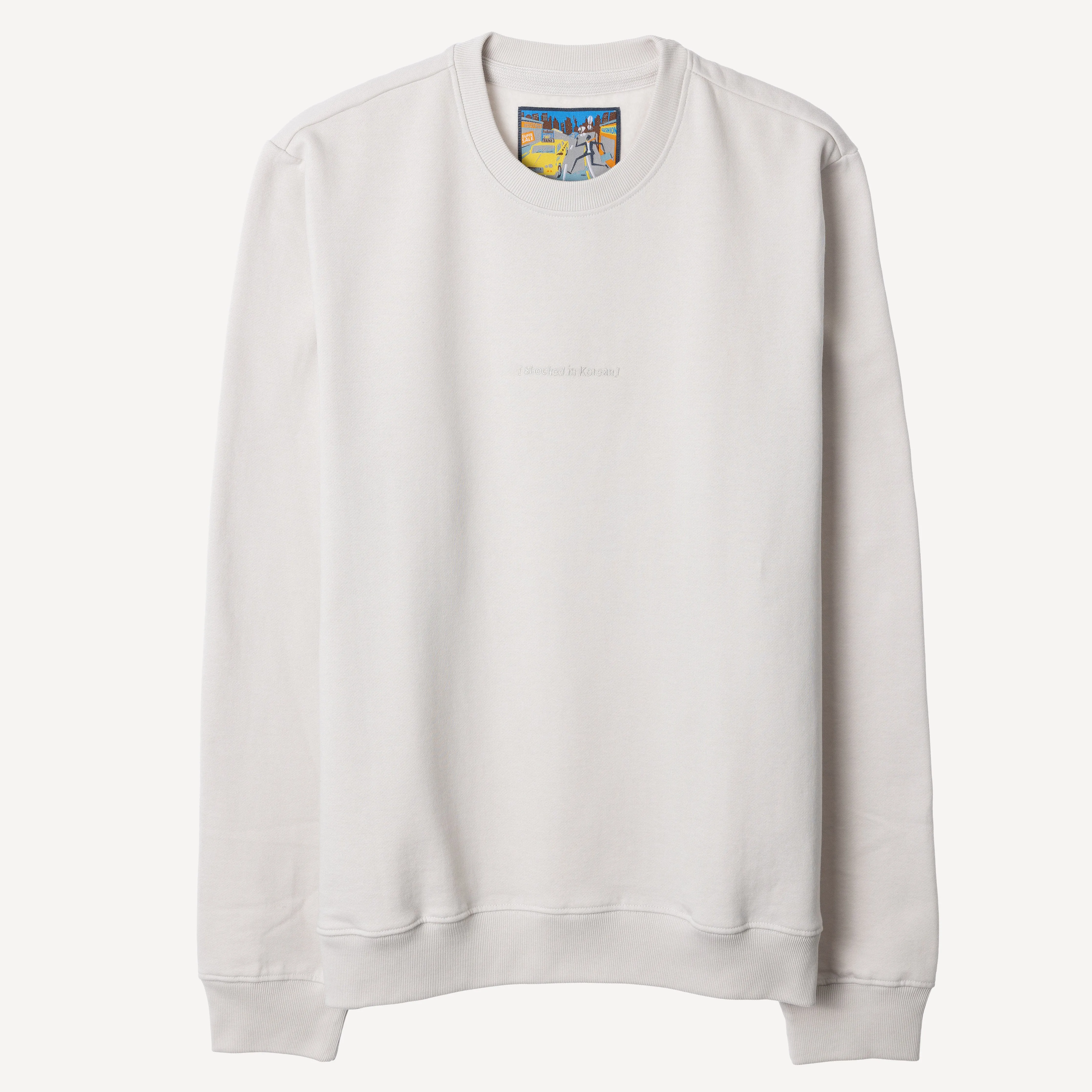 Crewneck Pullover Sweatshirt with Embroidered Icon - Oyster Mushroom / Shocked In Korean
