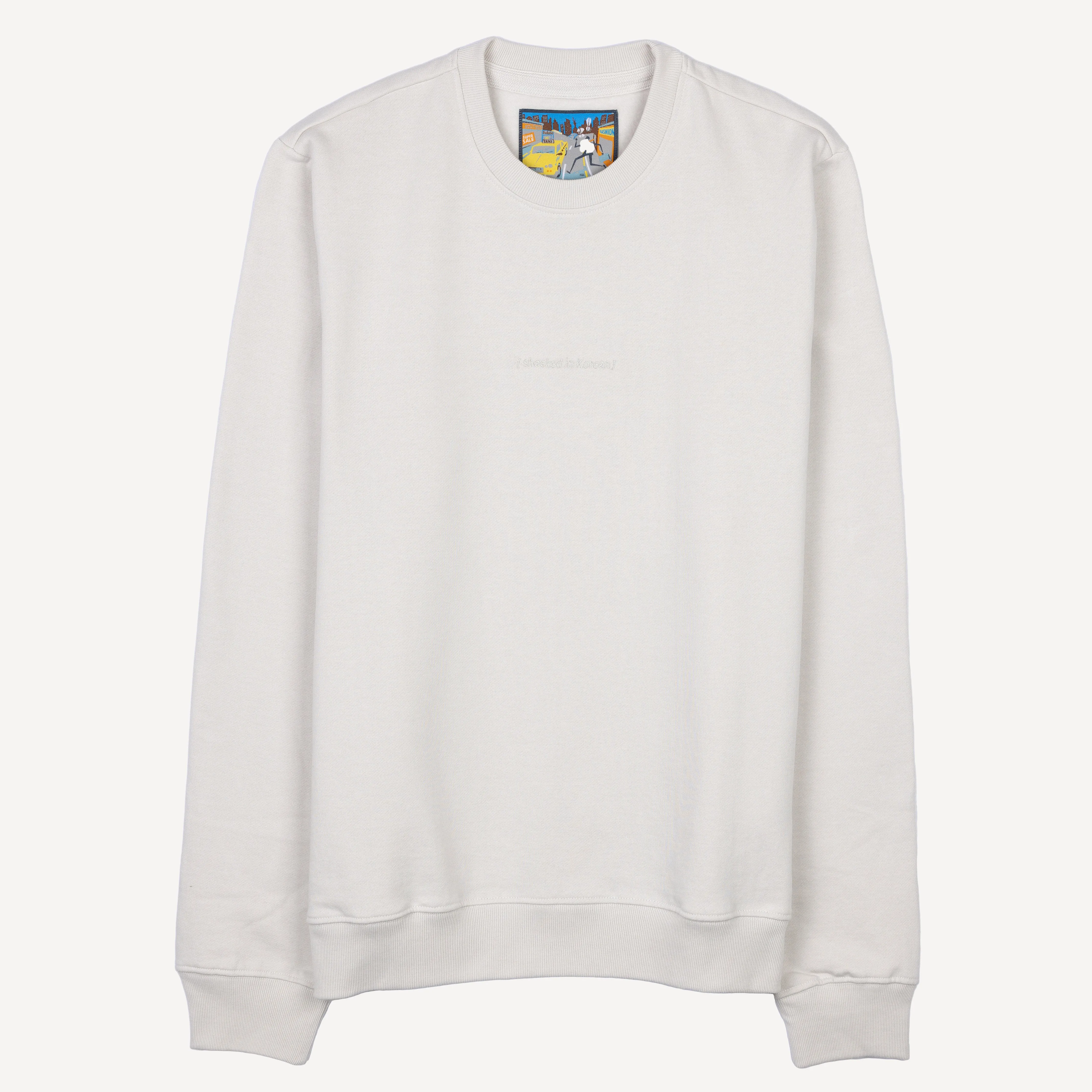 Crewneck Pullover Sweatshirt with Embroidered Icon - Oyster Mushroom / Shocked In Korean