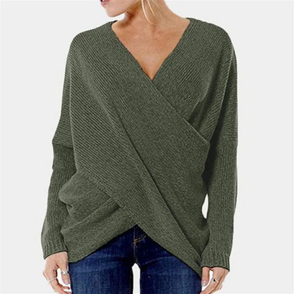 Crossroad Wrap Front Ribbed Knit Long Sleeve Sweater