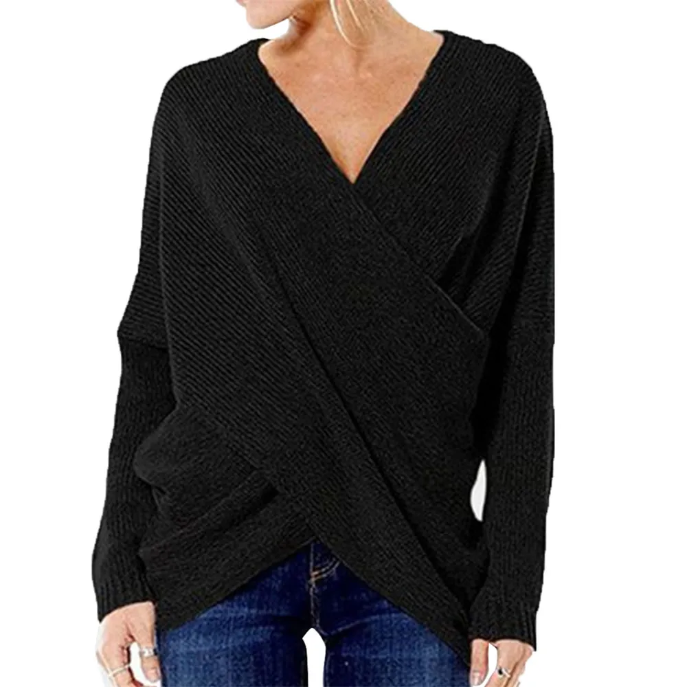Crossroad Wrap Front Ribbed Knit Long Sleeve Sweater