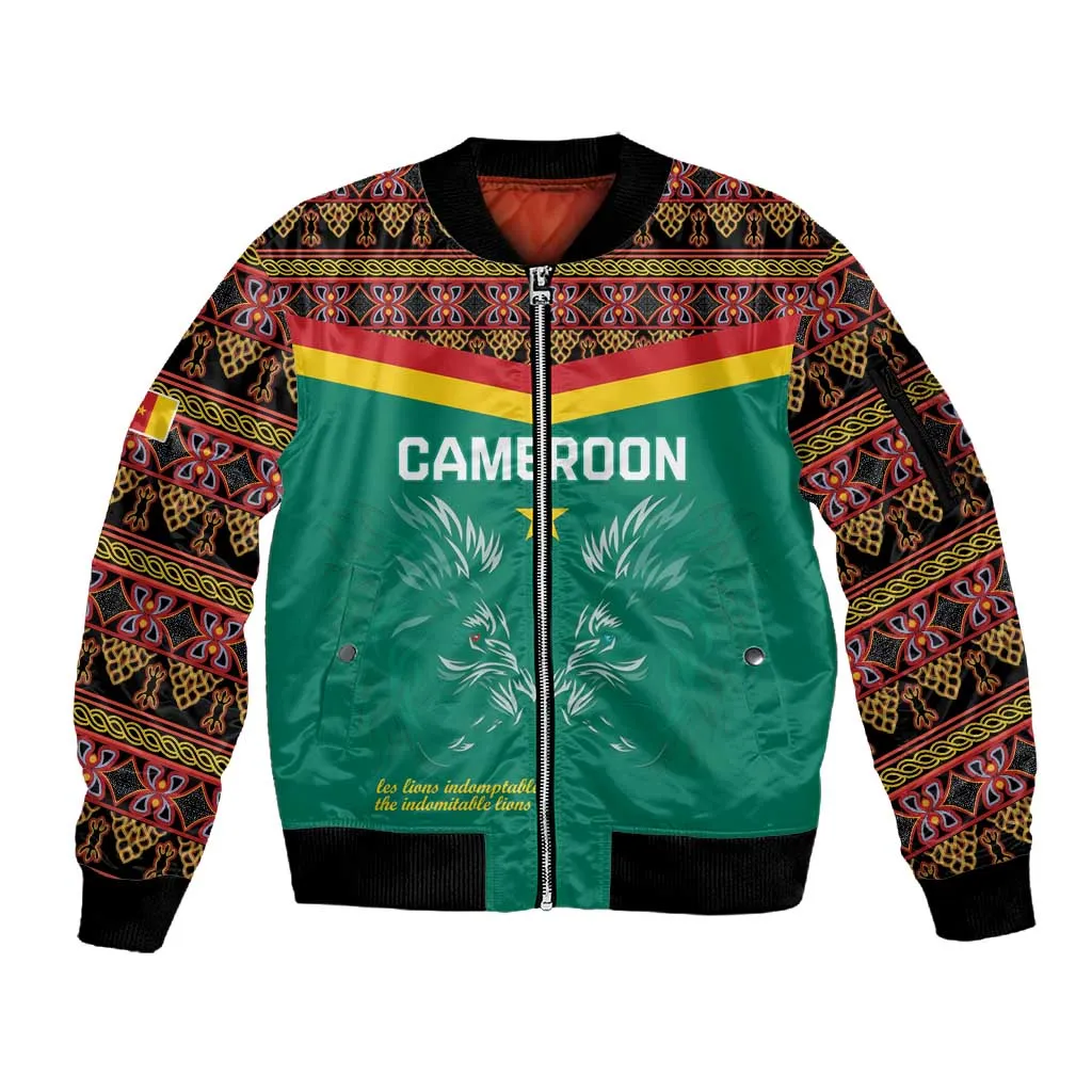 Custom Cameroun Football Sleeve Zip Bomber Jacket Allez Les Lions Indomptables LT15