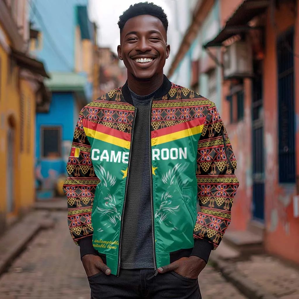 Custom Cameroun Football Sleeve Zip Bomber Jacket Allez Les Lions Indomptables LT15