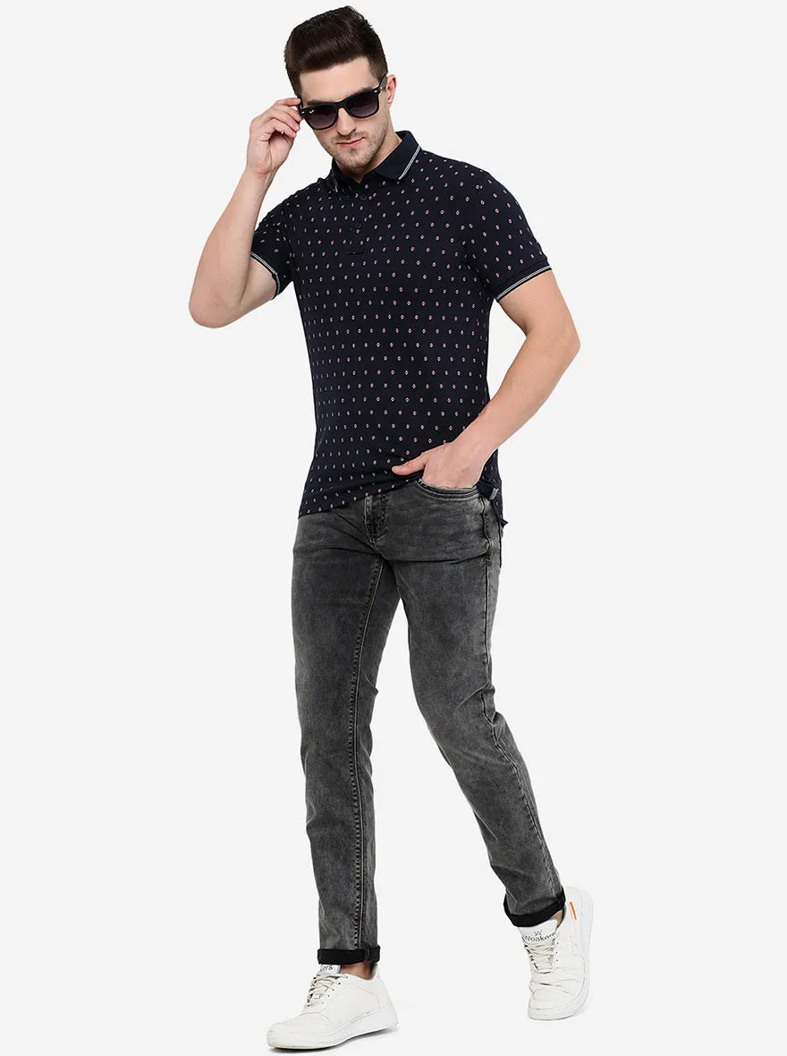Dark Blue Printed Slim Fit Polo T-Shirt | JadeBlue