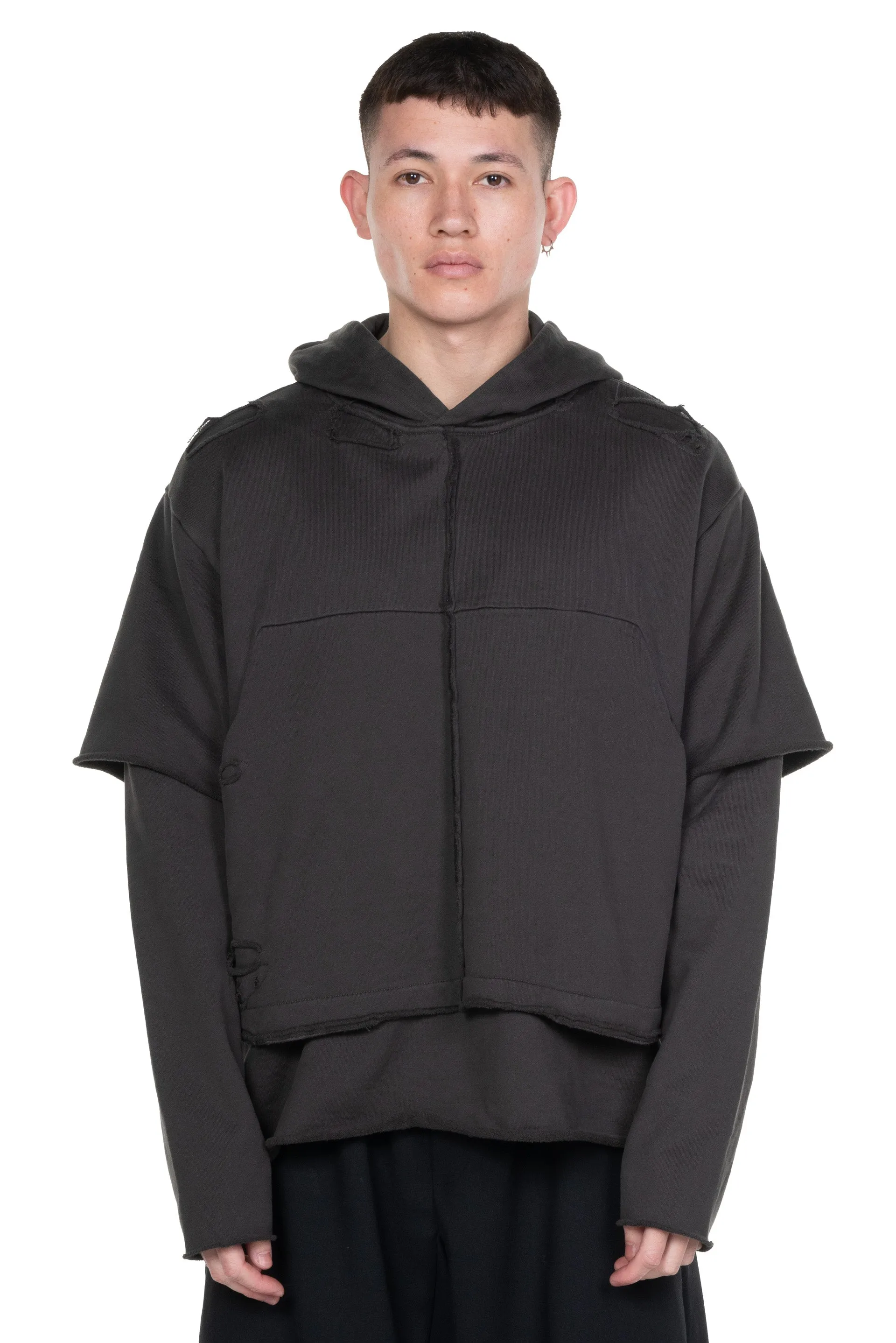 Dark Grey Double Layered Distressed Hoodie