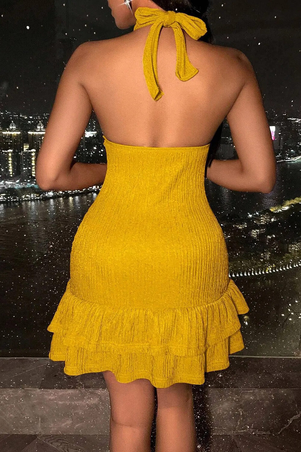 Deep V Neck Halter Slim Fit Layered Ruffle Textured Mini Dresses-Yellow