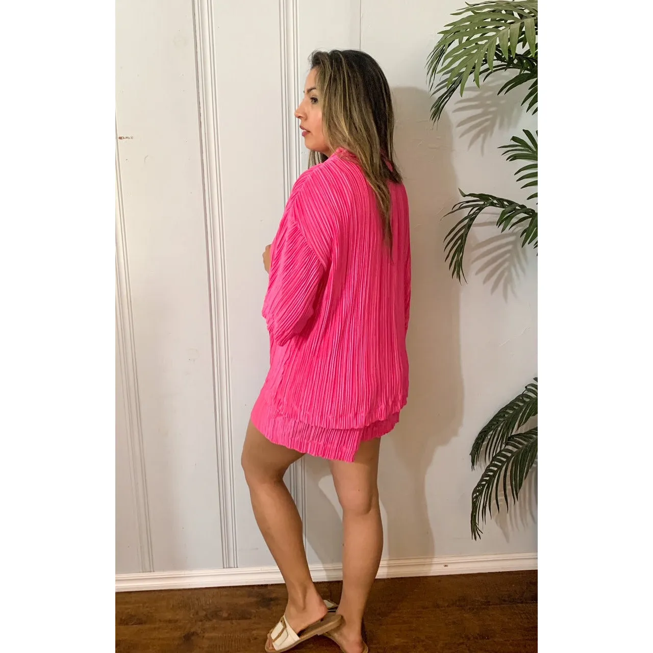 Delightful Pleated Button Down Top and Short Set - Fuchsia
