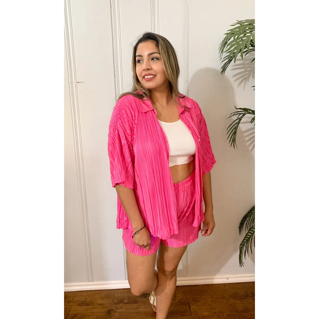 Delightful Pleated Button Down Top and Short Set - Fuchsia