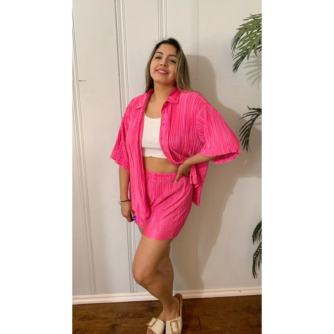 Delightful Pleated Button Down Top and Short Set - Fuchsia