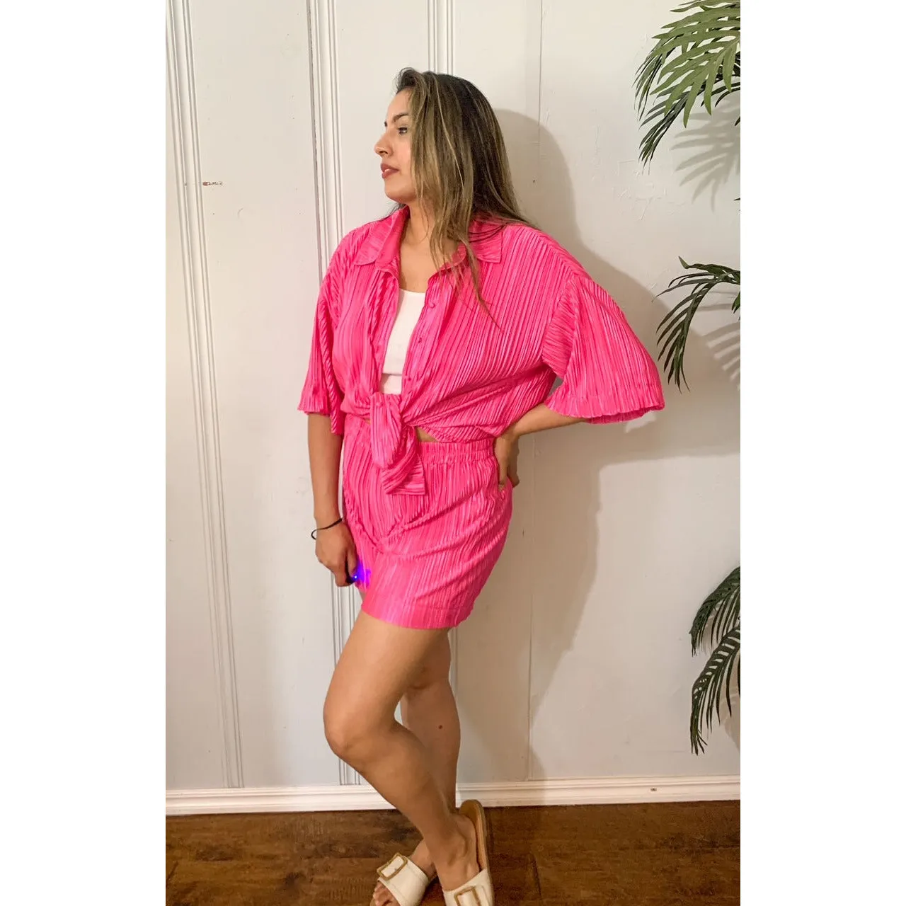 Delightful Pleated Button Down Top and Short Set - Fuchsia