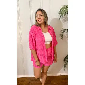 Delightful Pleated Button Down Top and Short Set - Fuchsia