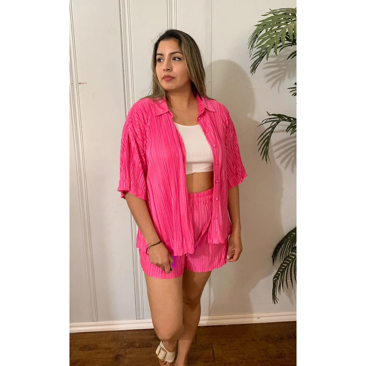 Delightful Pleated Button Down Top and Short Set - Fuchsia