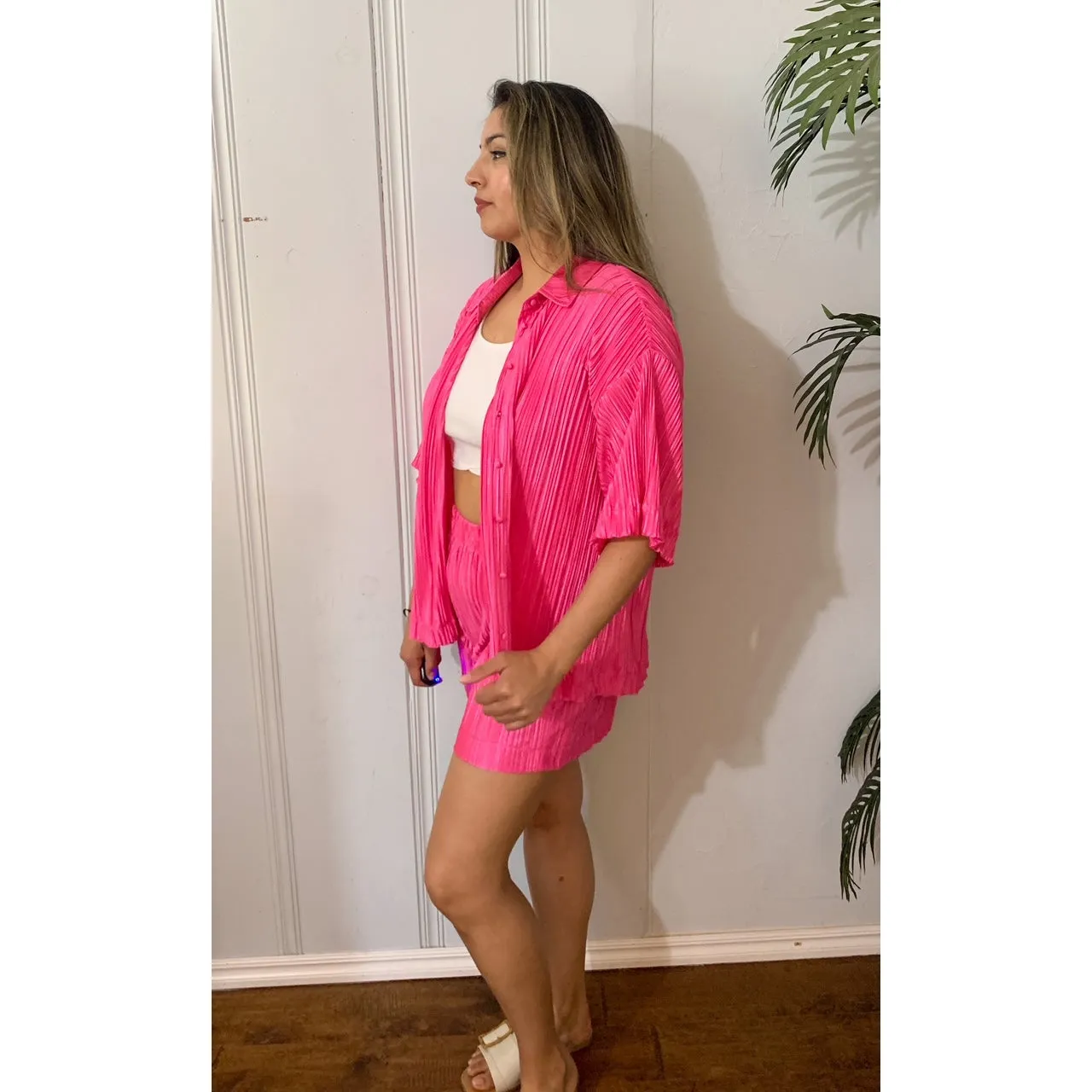 Delightful Pleated Button Down Top and Short Set - Fuchsia