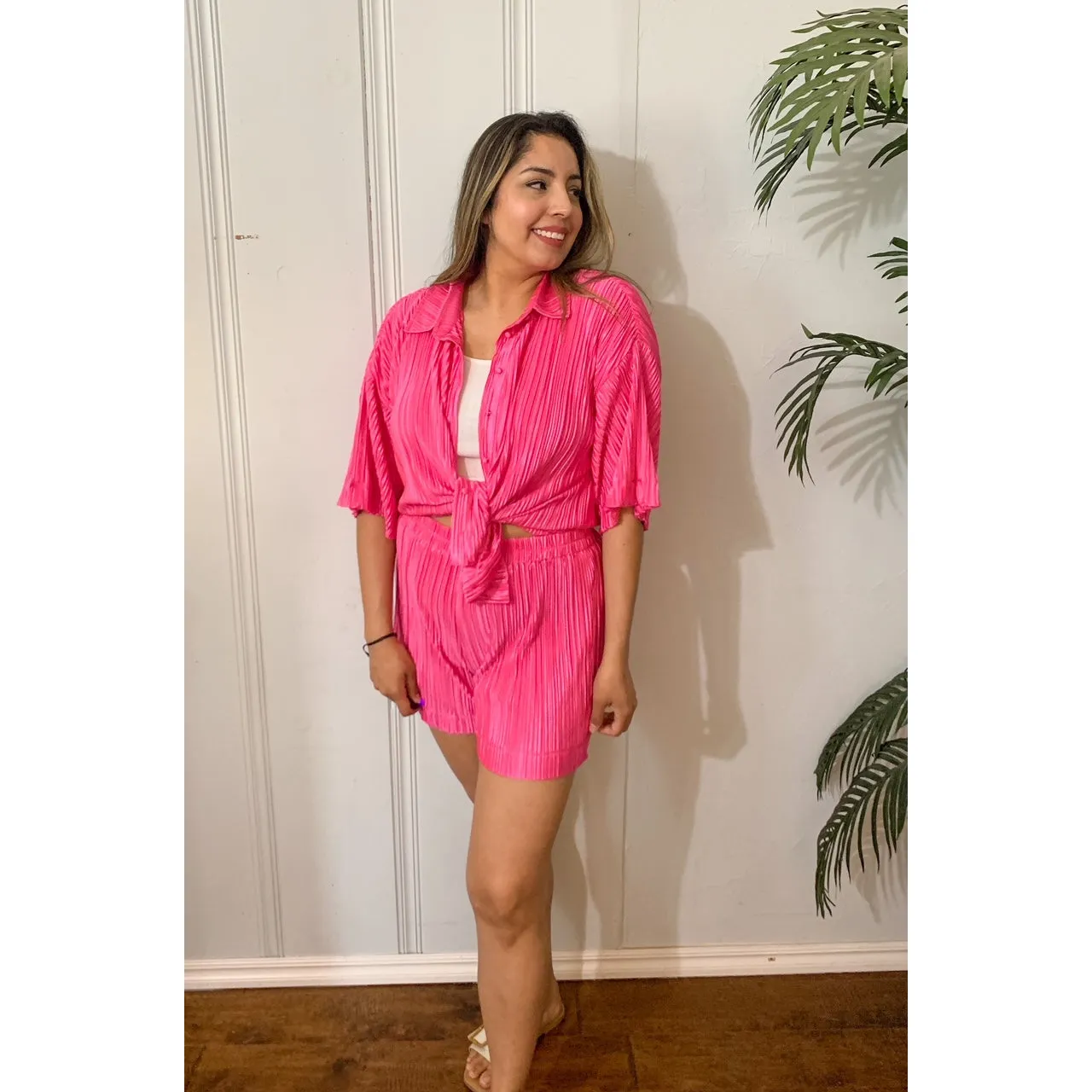 Delightful Pleated Button Down Top and Short Set - Fuchsia