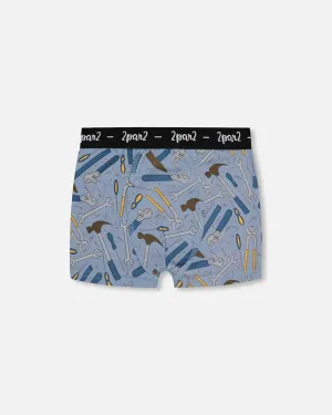Deux Par Deux Organic Cotton Boxer Shorts - Tools On Bluish Gray Background