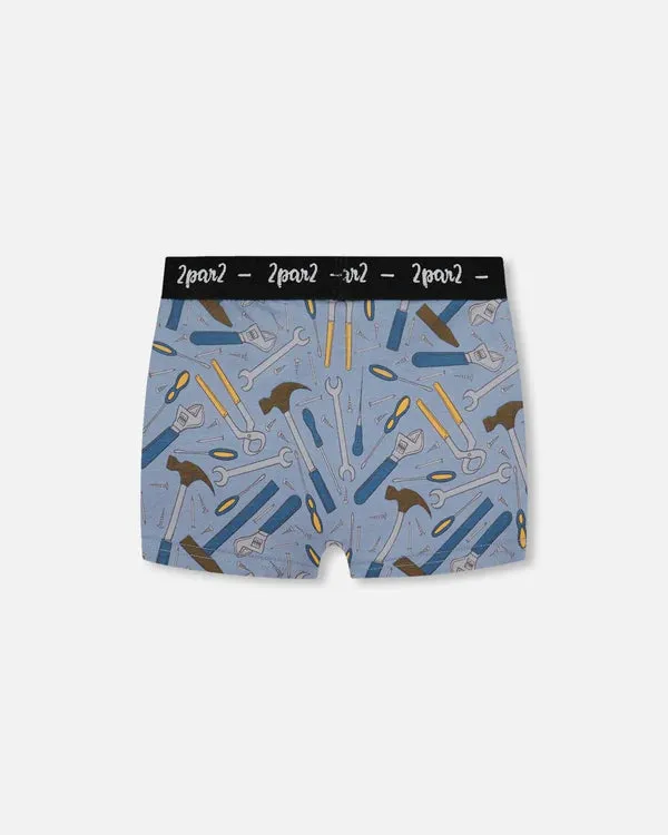 Deux Par Deux Organic Cotton Boxer Shorts - Tools On Bluish Gray Background