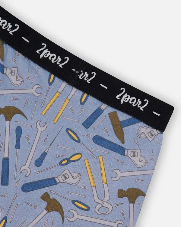 Deux Par Deux Organic Cotton Boxer Shorts - Tools On Bluish Gray Background
