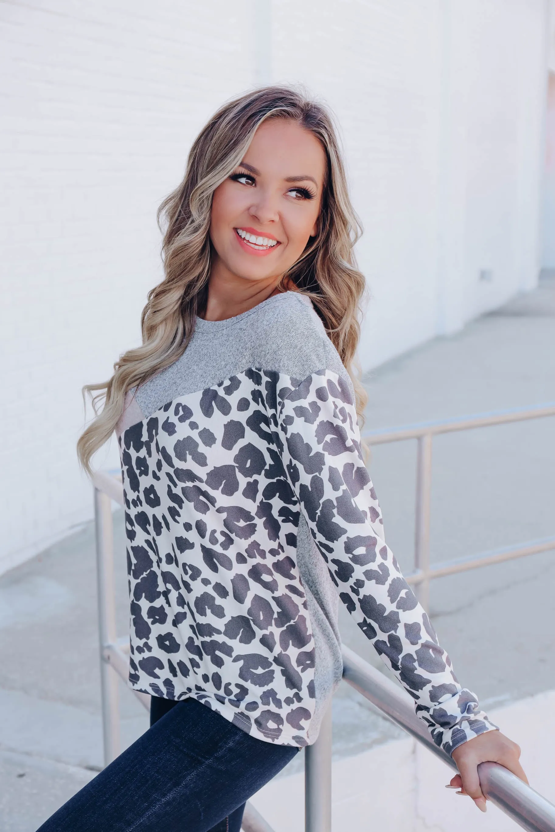 Ember Color Block Leopard Top - Grey