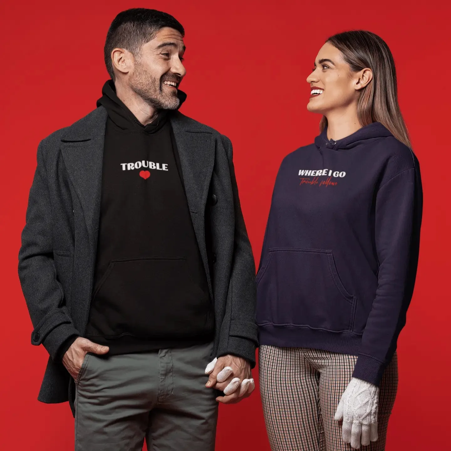 Embroidered Matching Unisex Hoodies - Where I Go Trouble Follows / I'm Trouble