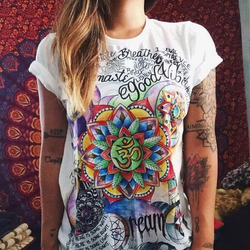 Fashion Women T Shirts Short Sleeve women Printed Letters T-Shirts Female Retro Graffiti Flower Tops Tee Lady T Shirts QA876