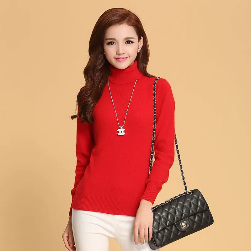 Fashion Women's Cashmere Sweaters Female Solid Color Turtleneck Long-Sleeved Knitted Soft Warm Wool Pullovers
