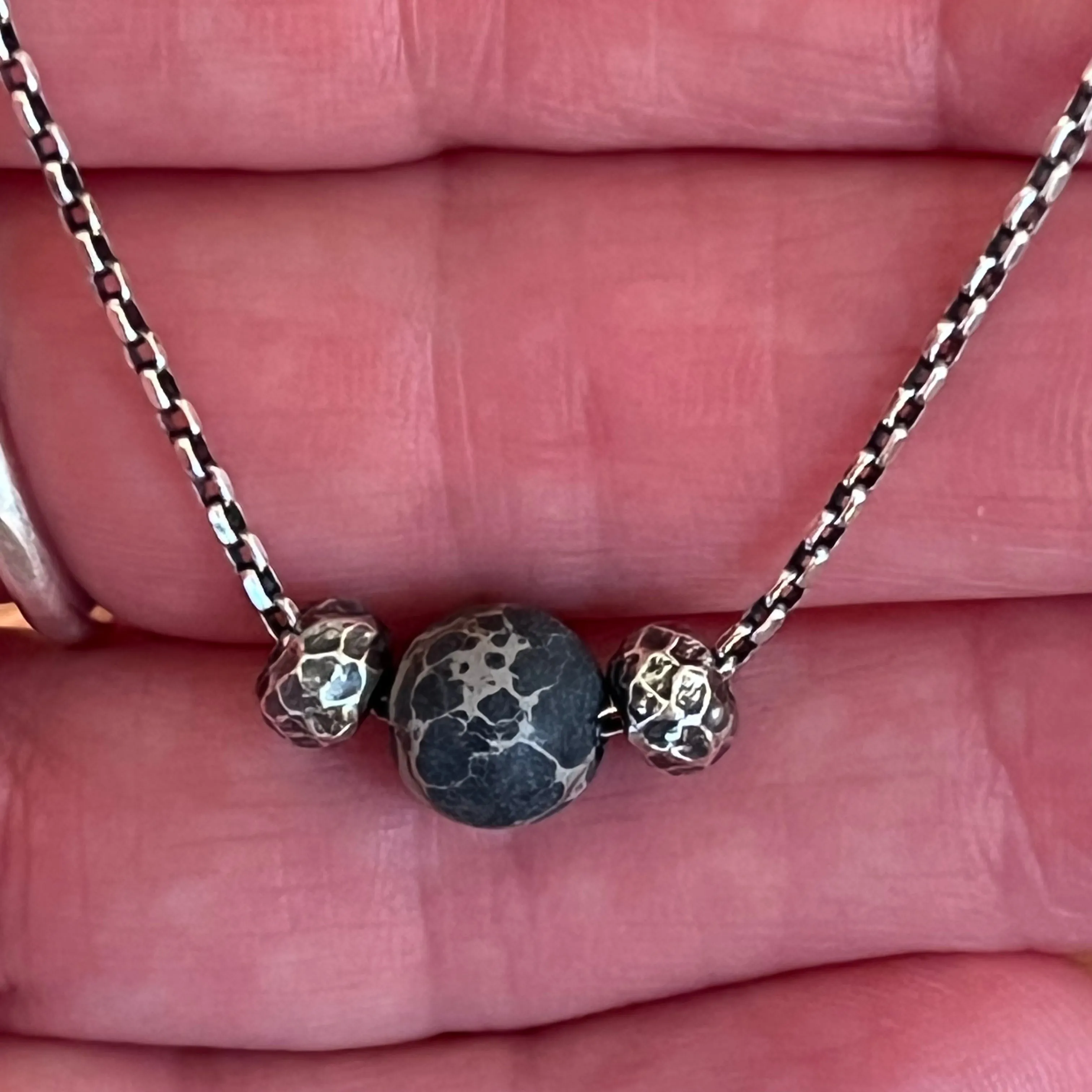 Floating Emperor Jasper Hammered Sterling Bead Necklace