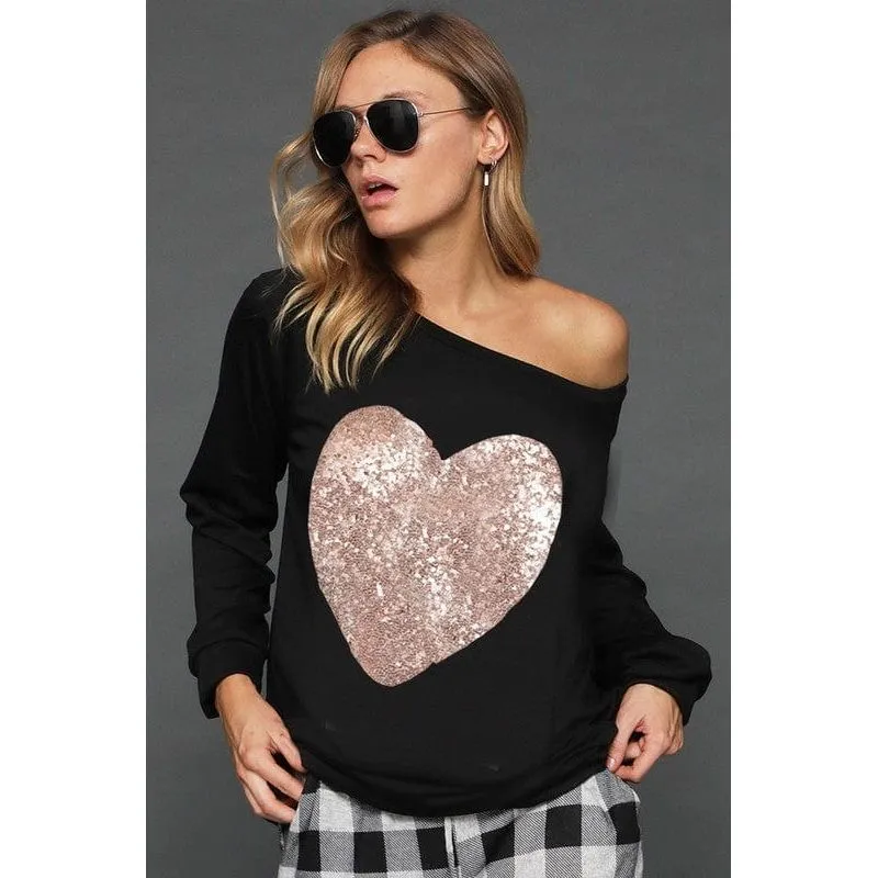 French terry wide neck top with big sequins
