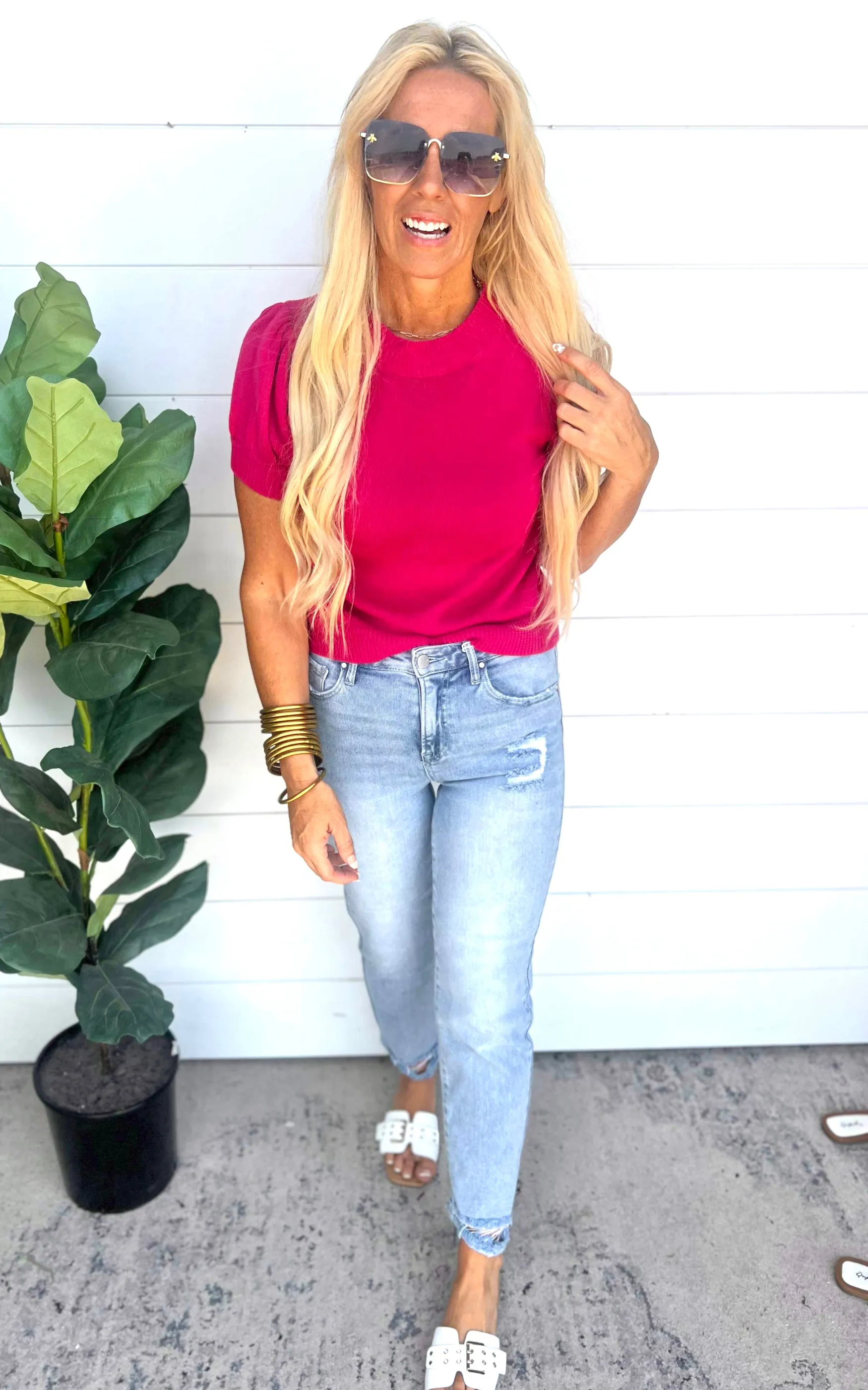 Fuchsia Puff Sleeve Knit Top | FINAL SALE